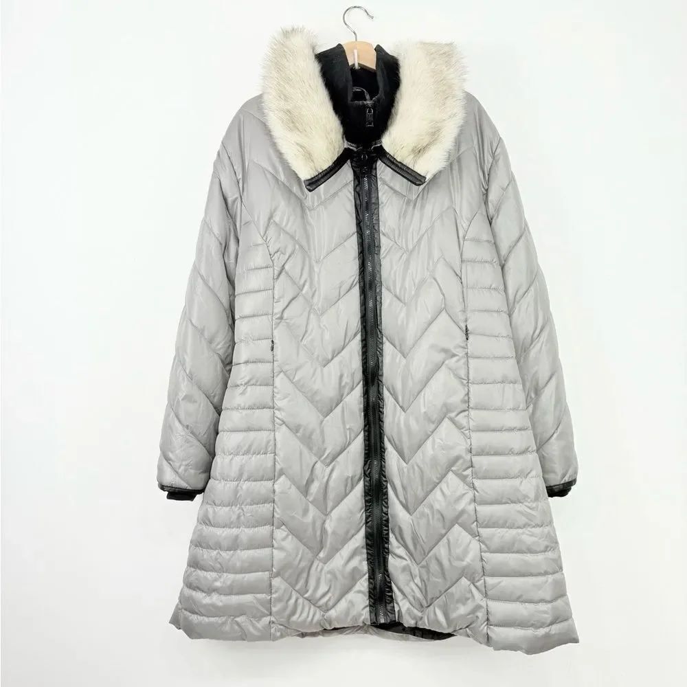 30 First Quilted Insulated Gray Long Puffer Coat Faux Fur Collar